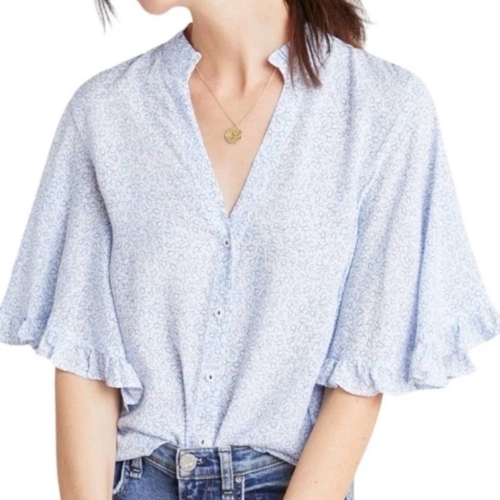 Maeve Light Blue Floral Ruffle Sleeve Blouse